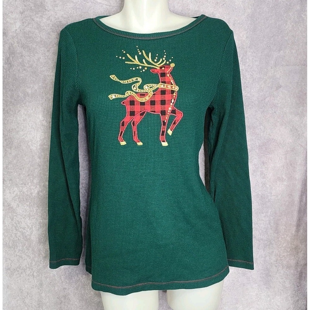 The Quacker Factory Christmas Reindeer Long Sleeve Top Size XS Green Waffle Knit